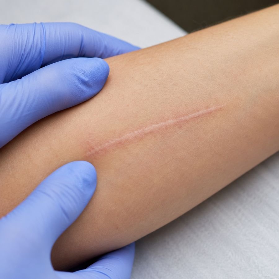 An illustrative image of a young person receiving a scar treatment assessment at Evelina London Children's Hospital