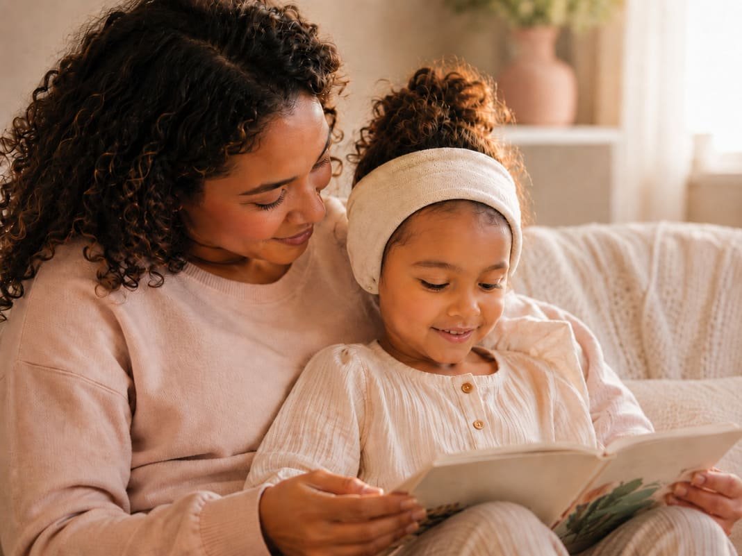 A child reading happily at home during recovery from ear correction surgery