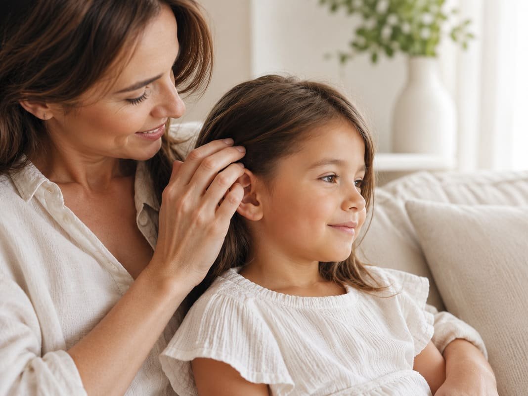 A parent gently caring for a child at home following ear correction surgery