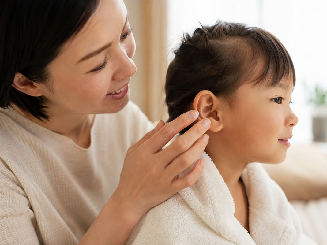 A parent gently moisturising around a child's ear during recovery after ear correction surgery